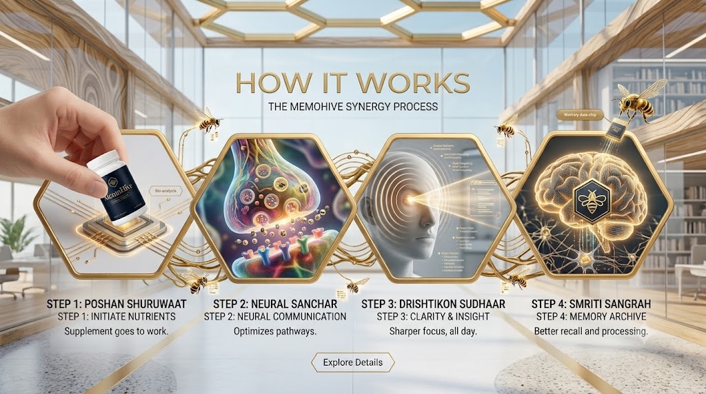 Diagram showing the MemoHive synergy process for memory, focus and cognitive clarity